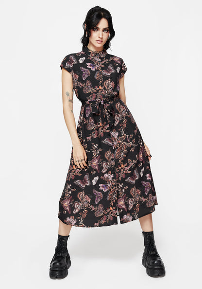 Eloise Floral Butterfly Print Button Up Midi Dress