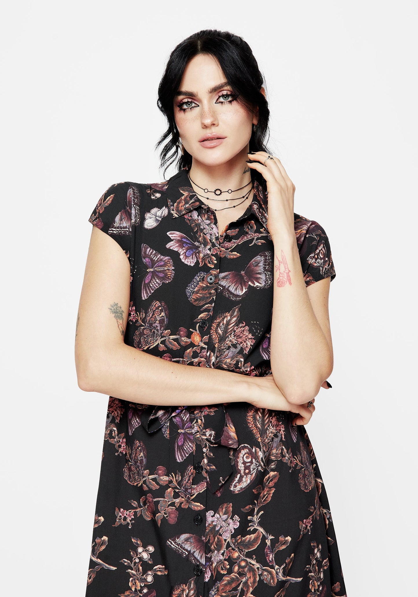 Eloise Floral Butterfly Print Button Up Midi Dress