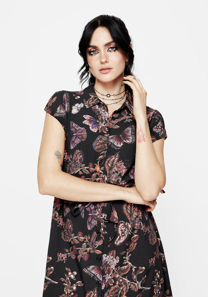 Eloise Floral Butterfly Print Button Up Midi Dress
