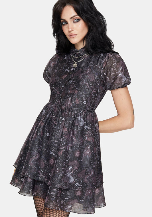 Haunt Medieval Print Chiffon Smocked Mini Dress