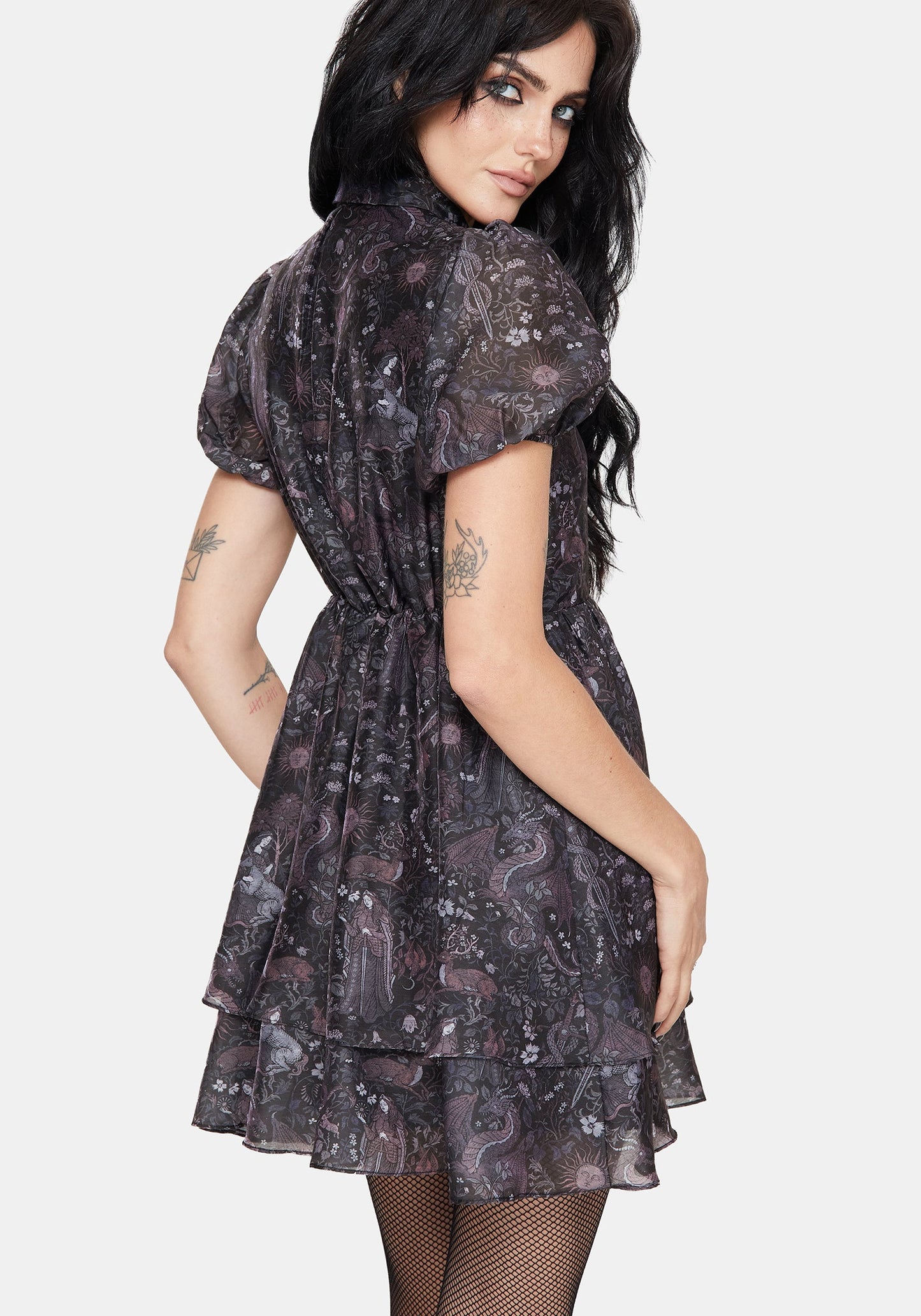 Haunt Medieval Print Chiffon Smocked Mini Dress