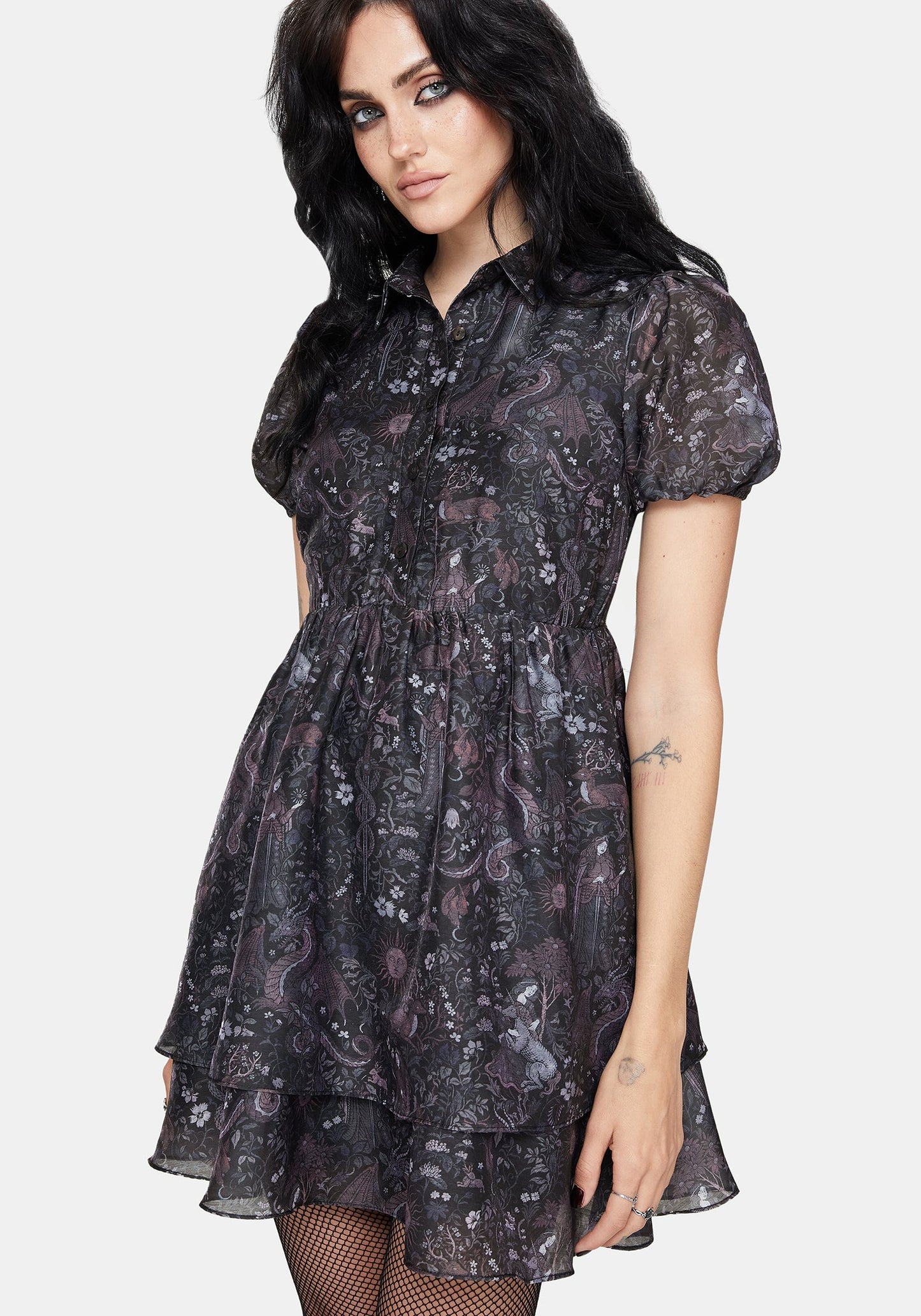 Haunt Medieval Print Chiffon Smocked Mini Dress