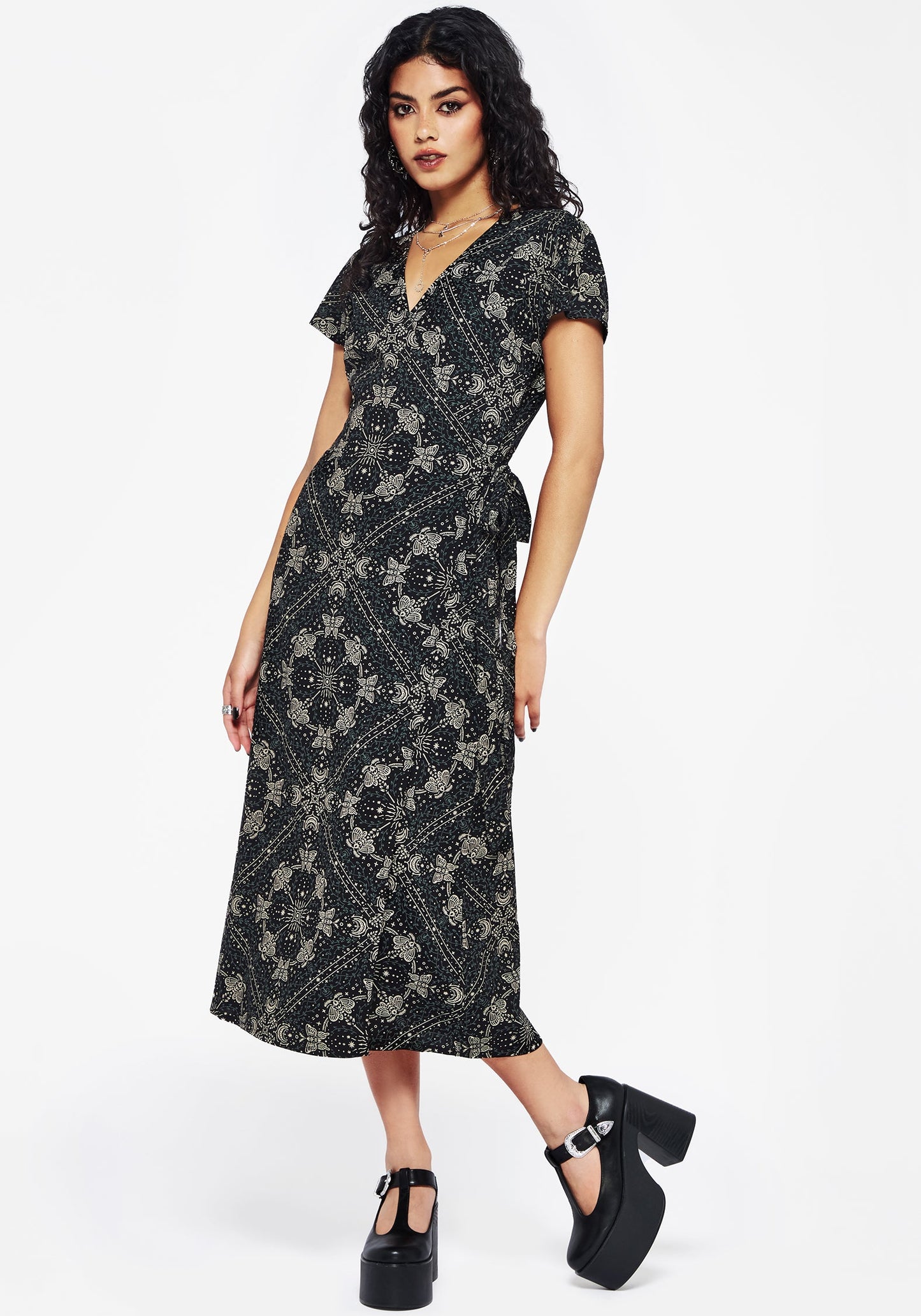 Poem Moth Print Wrap Midi Dress