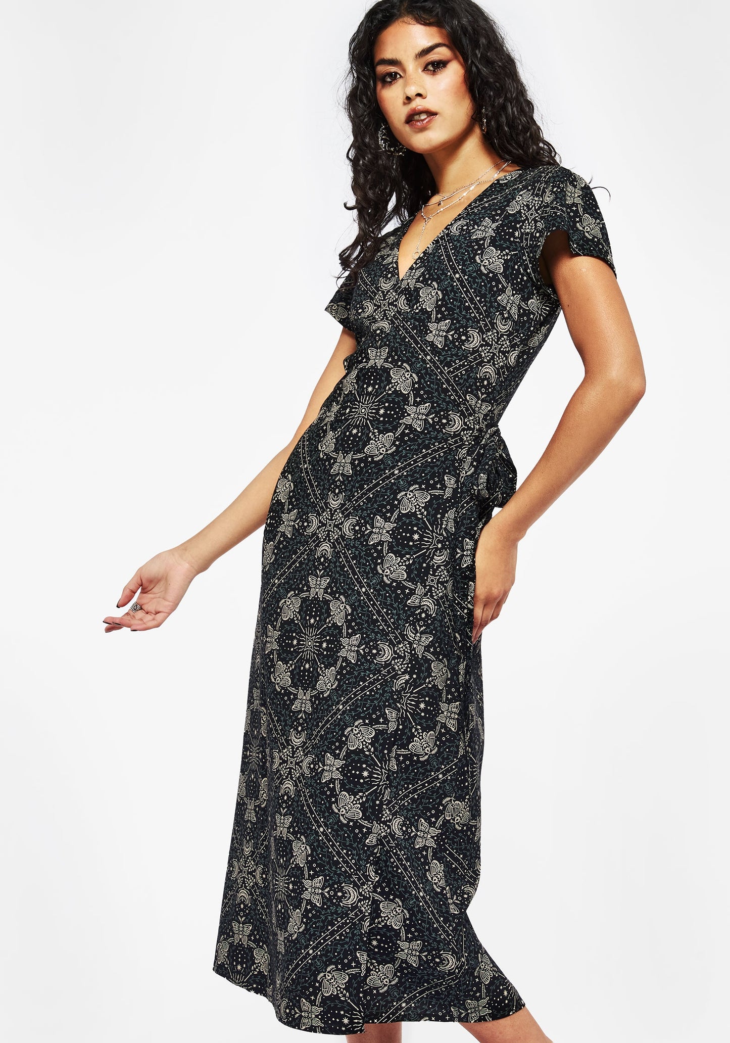 Poem Moth Print Wrap Midi Dress