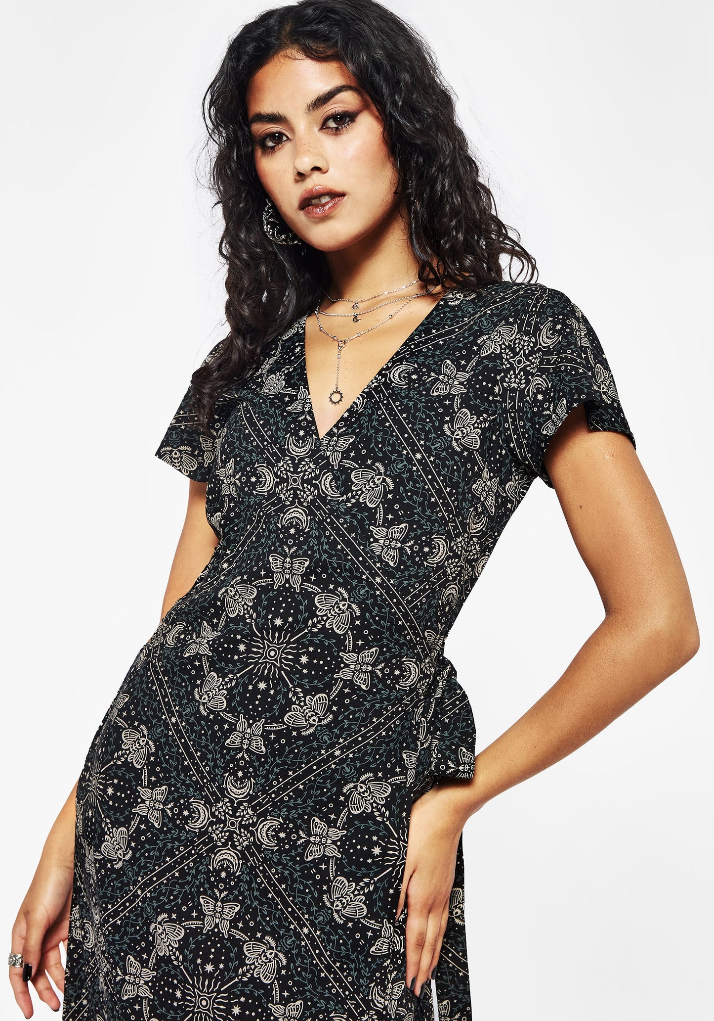 Poem Moth Print Wrap Midi Dress