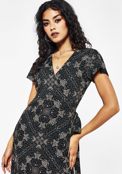 Poem Moth Print Wrap Midi Dress