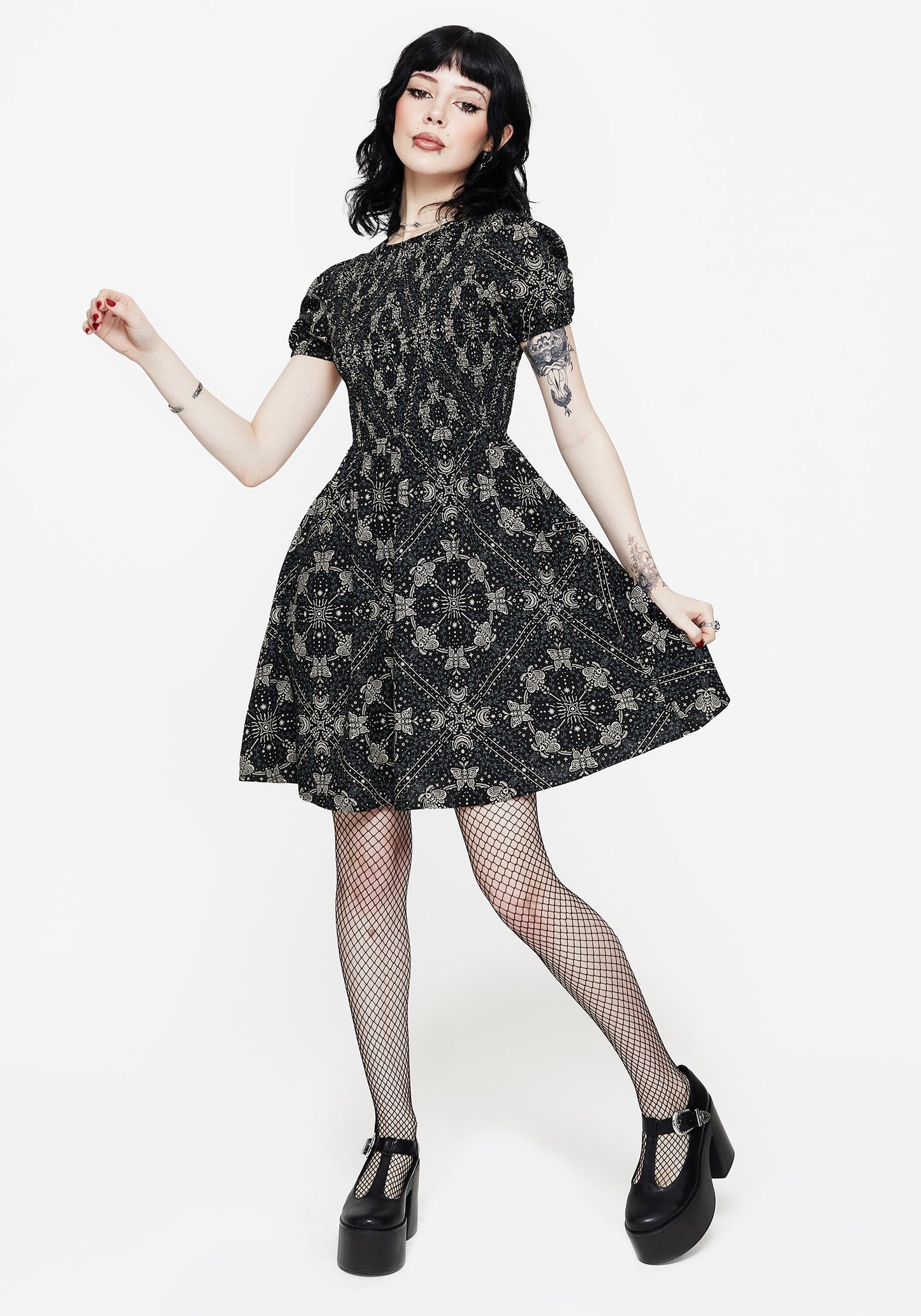 Poem Moth Print Puff Sleeve Mini Dress