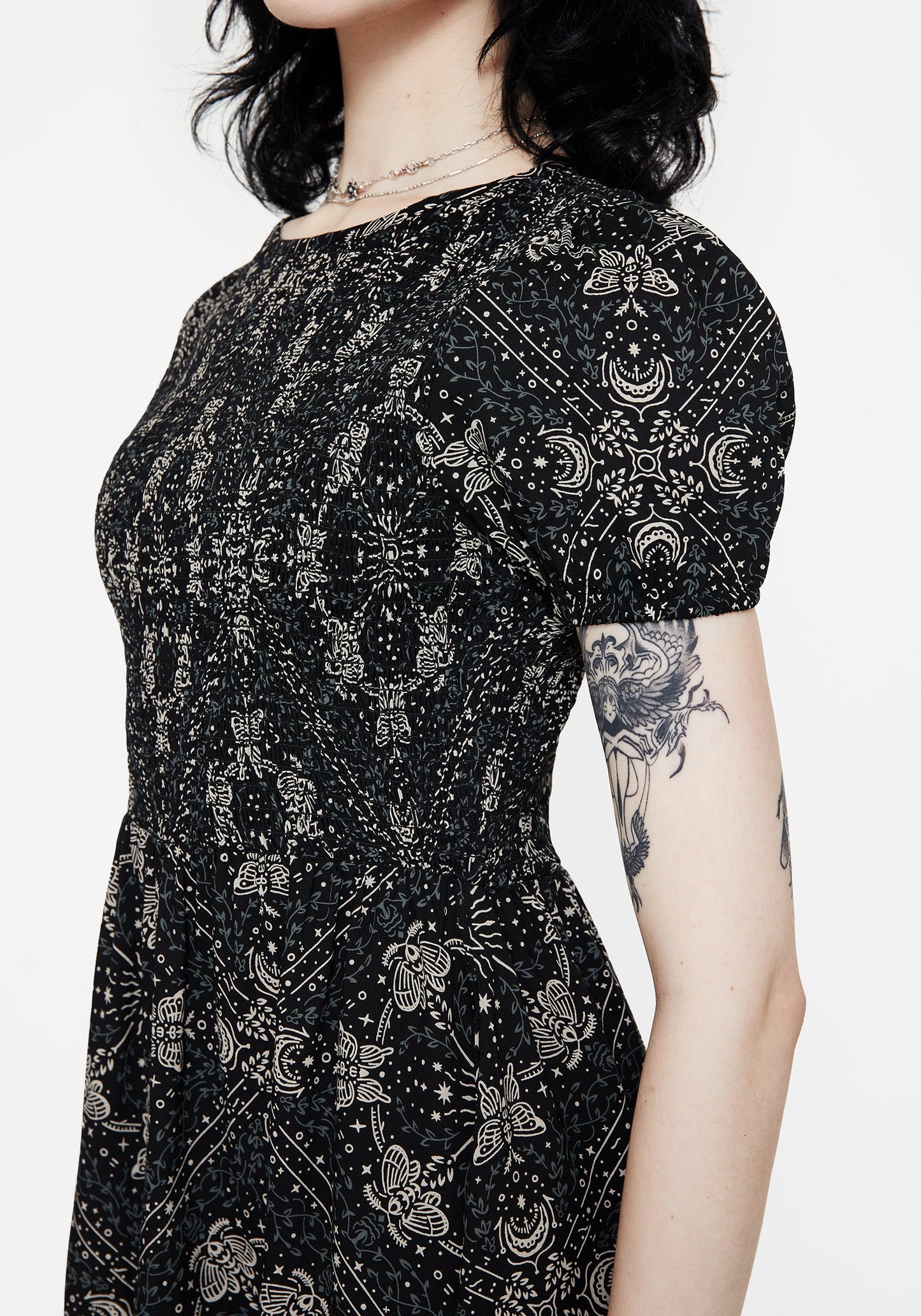 Poem Moth Print Puff Sleeve Mini Dress