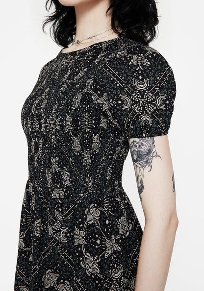 Poem Moth Print Puff Sleeve Mini Dress