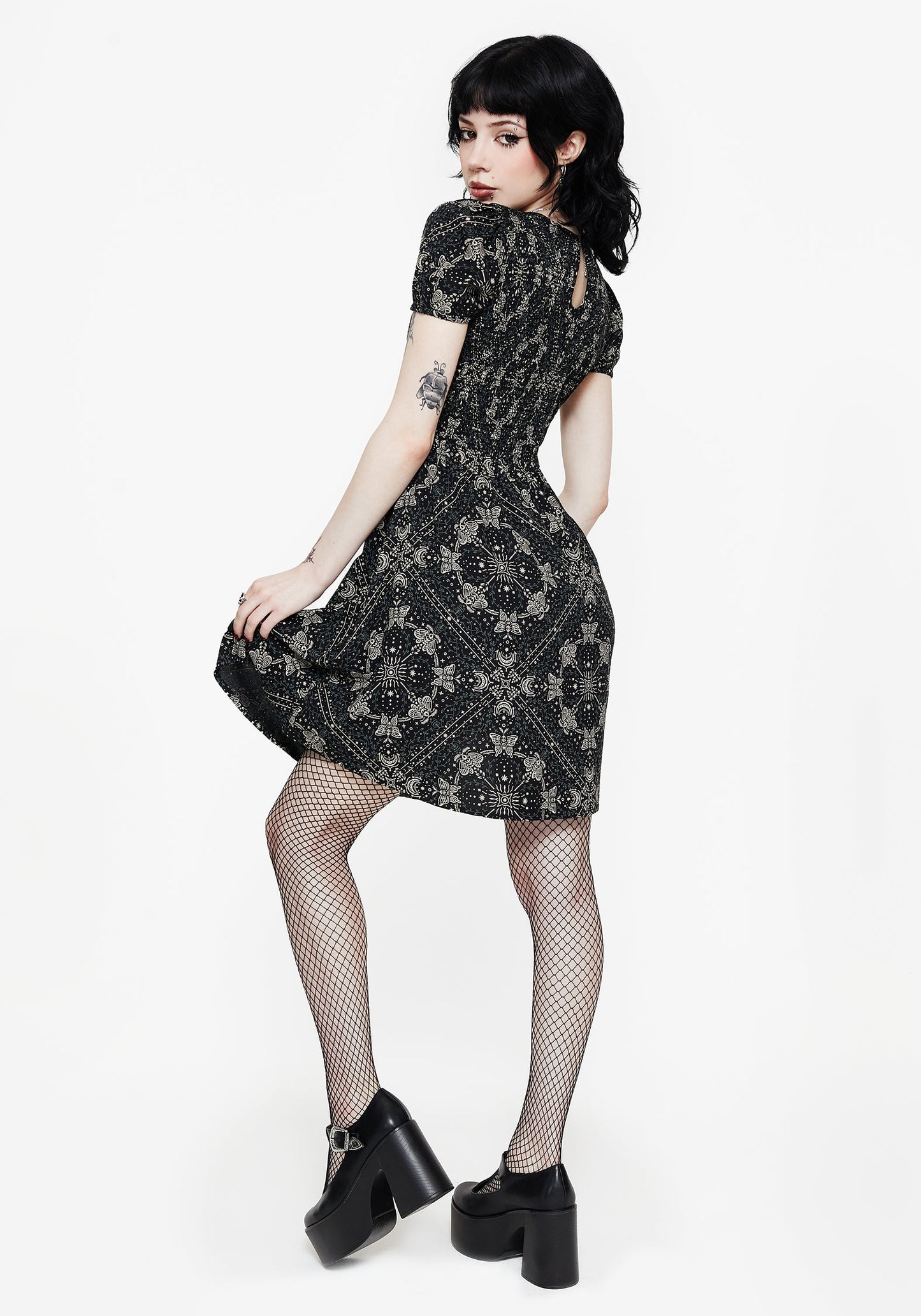 Poem Moth Print Puff Sleeve Mini Dress