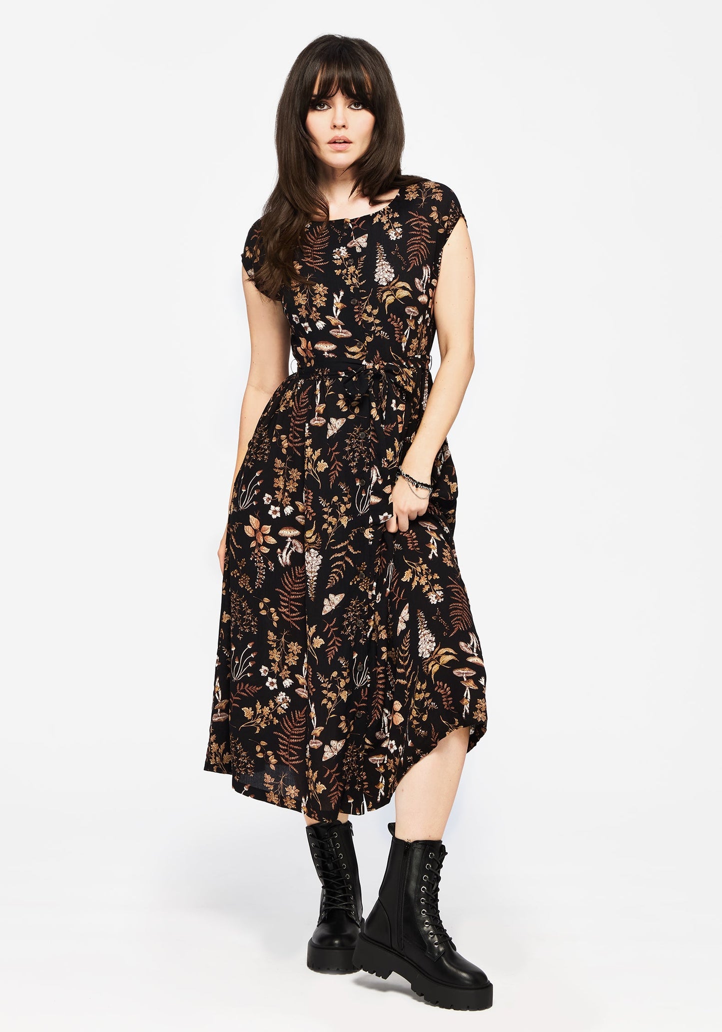 Luthien Crinkle Printed Button Up Midi Dress