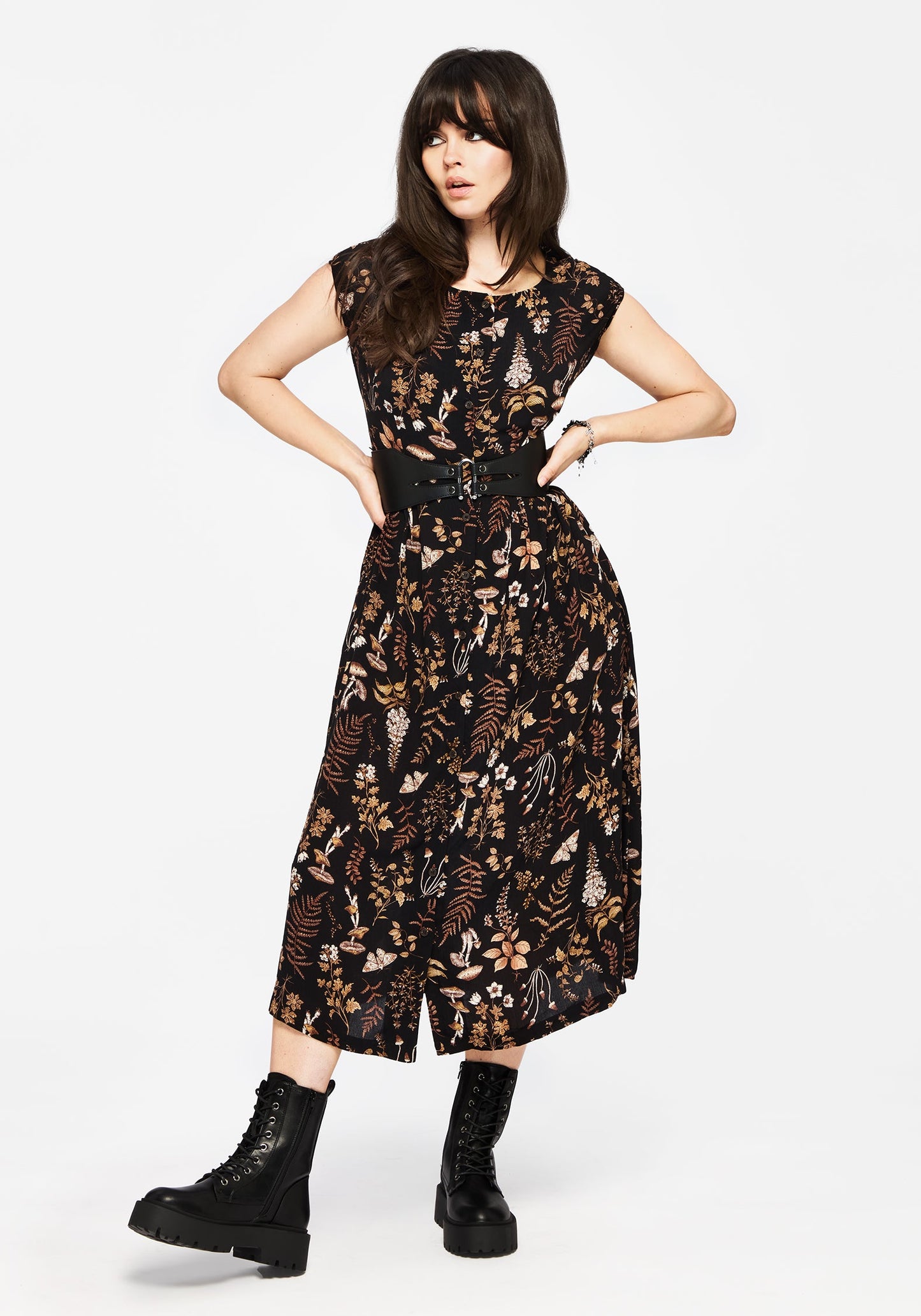Luthien Crinkle Printed Button Up Midi Dress