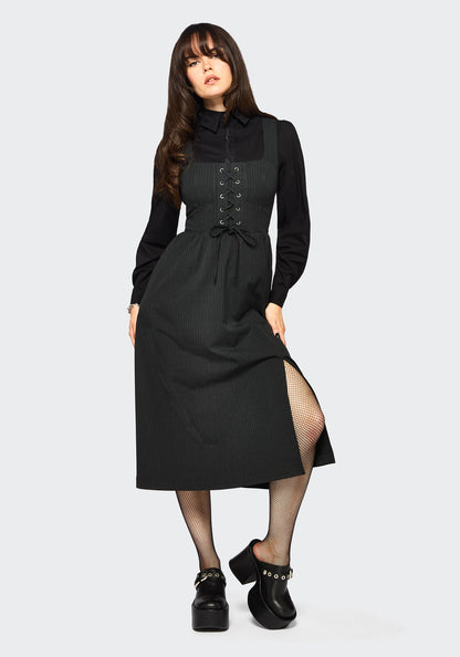 Gloom Lace Up Front Corset Detail Pinstripe Midi Dress