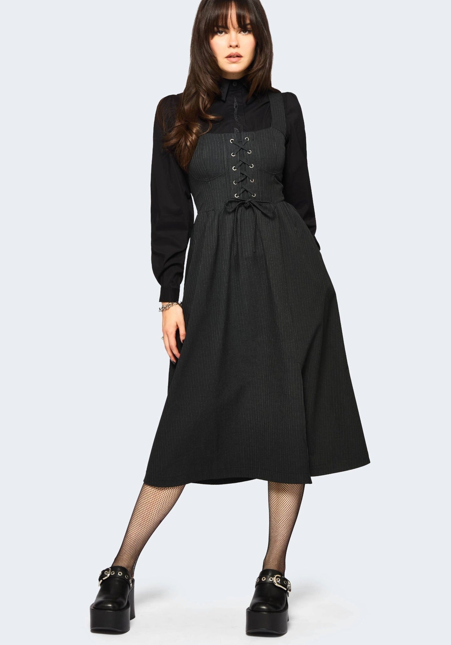 Gloom Lace Up Front Corset Detail Pinstripe Midi Dress