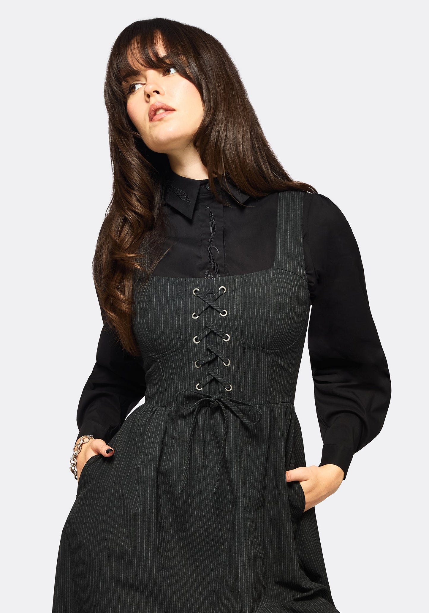 Gloom Lace Up Front Corset Detail Pinstripe Midi Dress