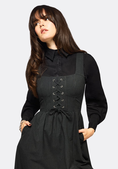Gloom Lace Up Front Corset Detail Pinstripe Midi Dress