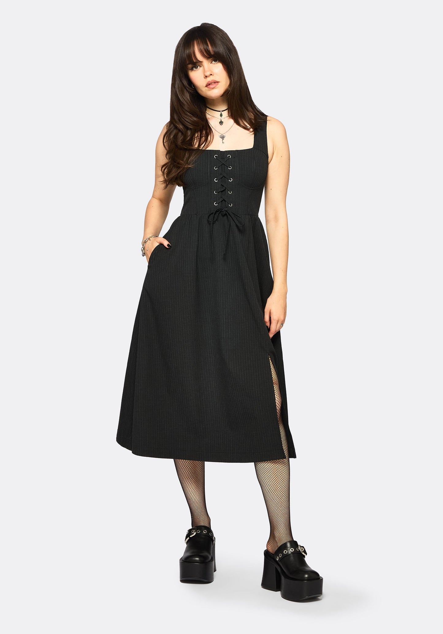 Gloom Lace Up Front Corset Detail Pinstripe Midi Dress