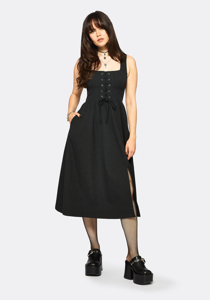 Gloom Lace Up Front Corset Detail Pinstripe Midi Dress
