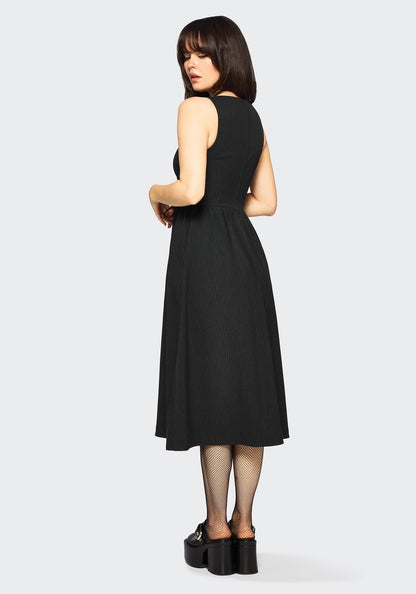 Gloom Lace Up Front Corset Detail Pinstripe Midi Dress