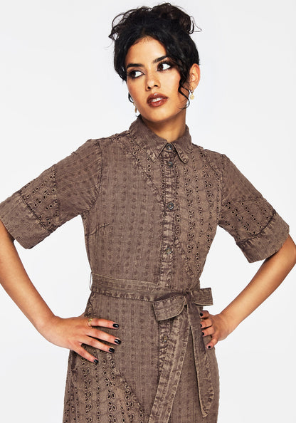 Summerisle Cotton Broderie Detail Tie Wrap Midi Shirt Dress