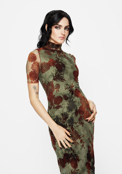 Rosaleigh Flock Velour Mesh Short Sleeved Midaxi Dress