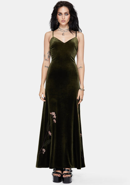 Virosa Floral Embroidered Velour Gown - Green