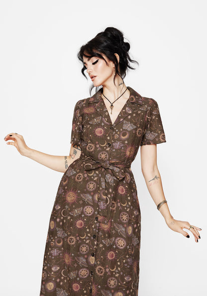 Rhea Cotton Blend Moth and Moon Print Midi Shirt Dress