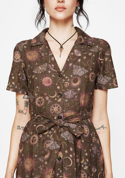 Rhea Cotton Blend Moth and Moon Print Midi Shirt Dress
