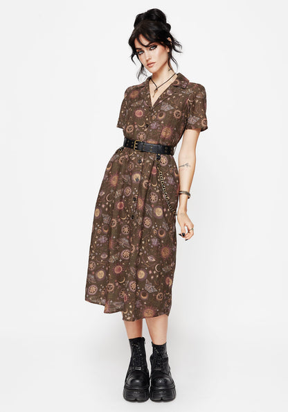 Rhea Cotton Blend Moth and Moon Print Midi Shirt Dress