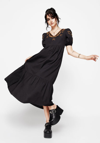 Emberflit Cotton Blend Moth Embroidered Smock Maxi Dress