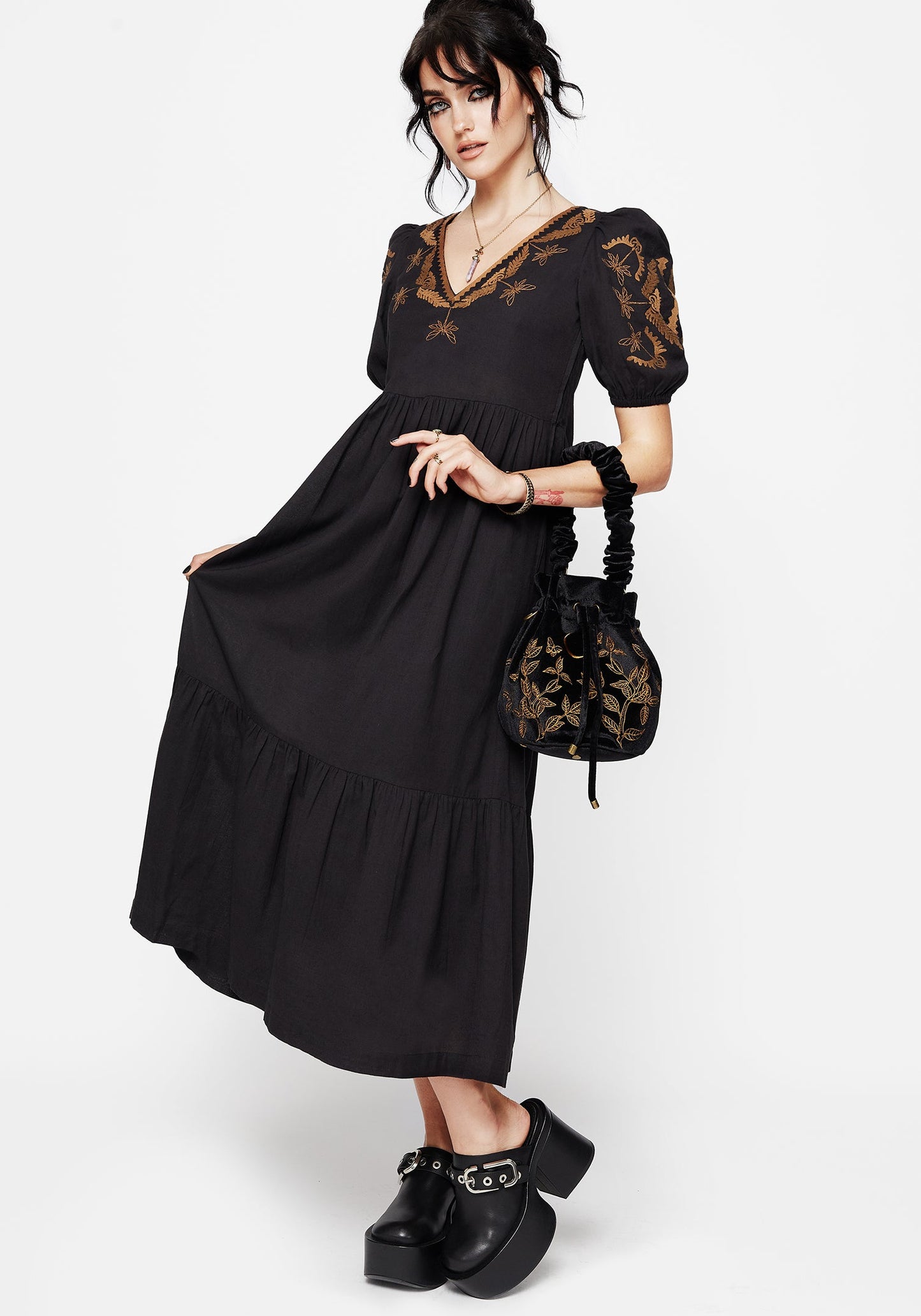 Emberflit Cotton Blend Moth Embroidered Smock Maxi Dress