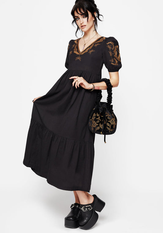 Emberflit Cotton Blend Moth Embroidered Smock Maxi Dress