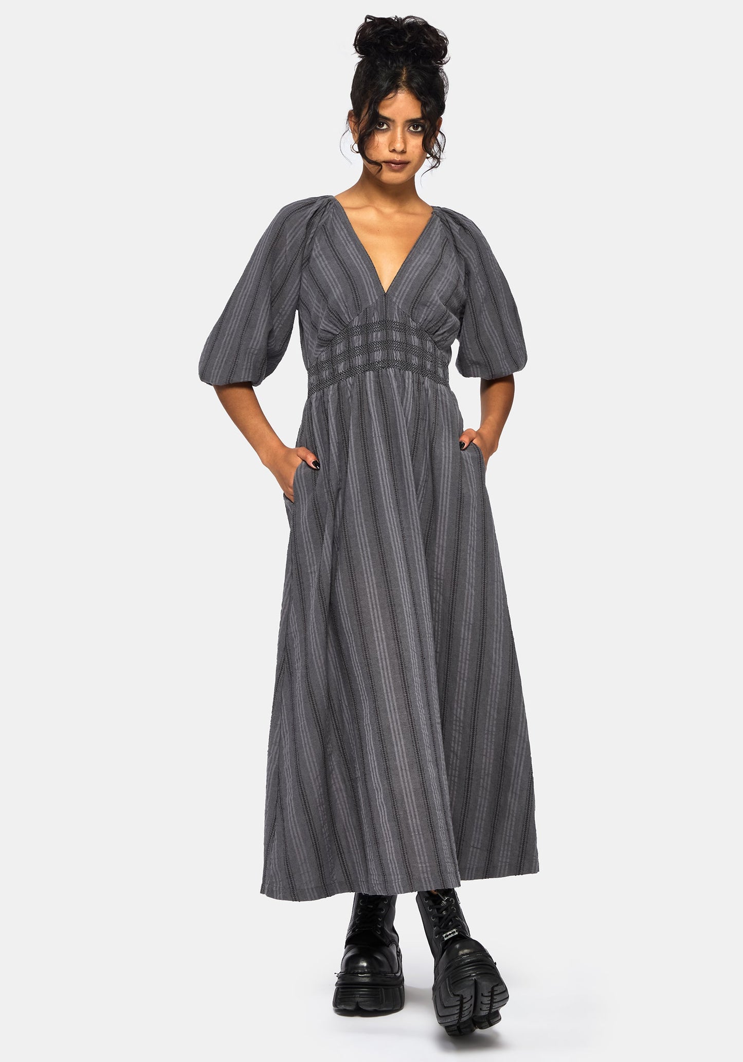 Grove Cotton Stripe Long Sleeve Shirred Tie Back Midaxi Dress