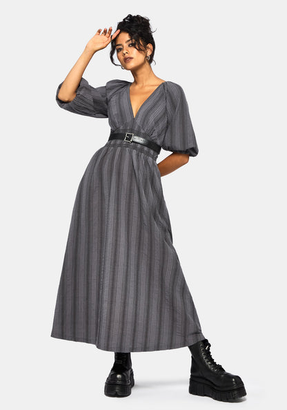 Grove Cotton Stripe Long Sleeve Shirred Tie Back Midaxi Dress