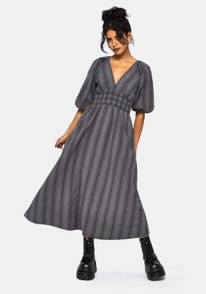 Grove Cotton Stripe Long Sleeve Shirred Tie Back Midaxi Dress