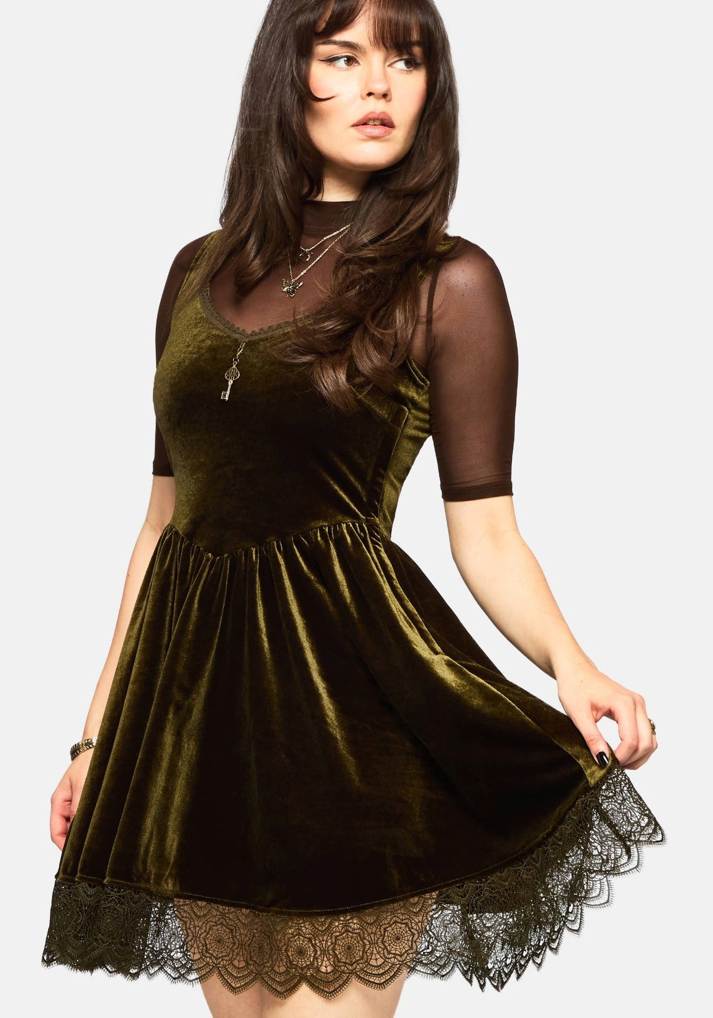 Orbweb Lace Hem Velour Mini Dress - Dark Green
