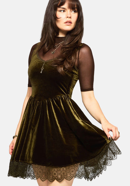 Orbweb Lace Hem Velour Mini Dress - Dark Green