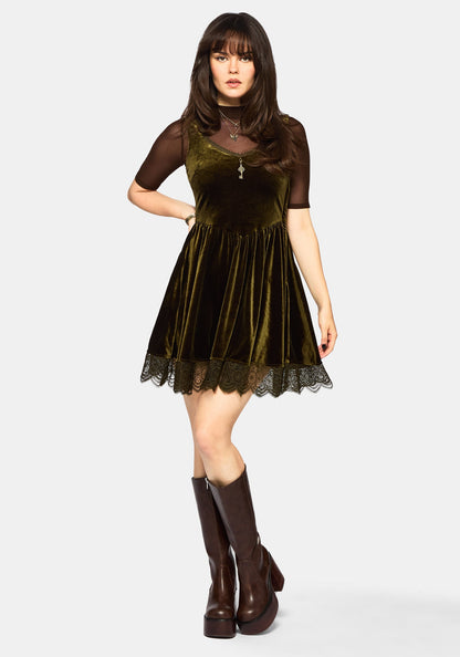 Orbweb Lace Hem Velour Mini Dress - Dark Green