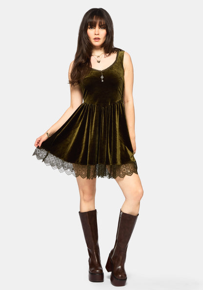 Orbweb Lace Hem Velour Mini Dress - Dark Green