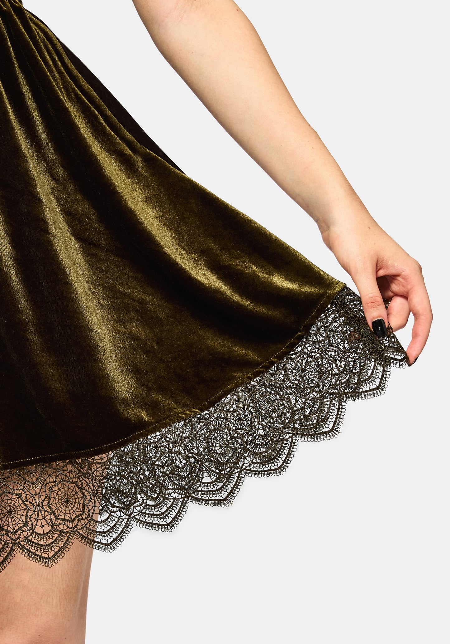 Orbweb Lace Hem Velour Mini Dress - Dark Green
