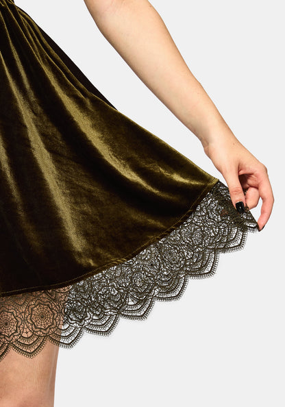 Orbweb Lace Hem Velour Mini Dress - Dark Green