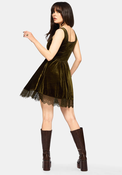 Orbweb Lace Hem Velour Mini Dress - Dark Green