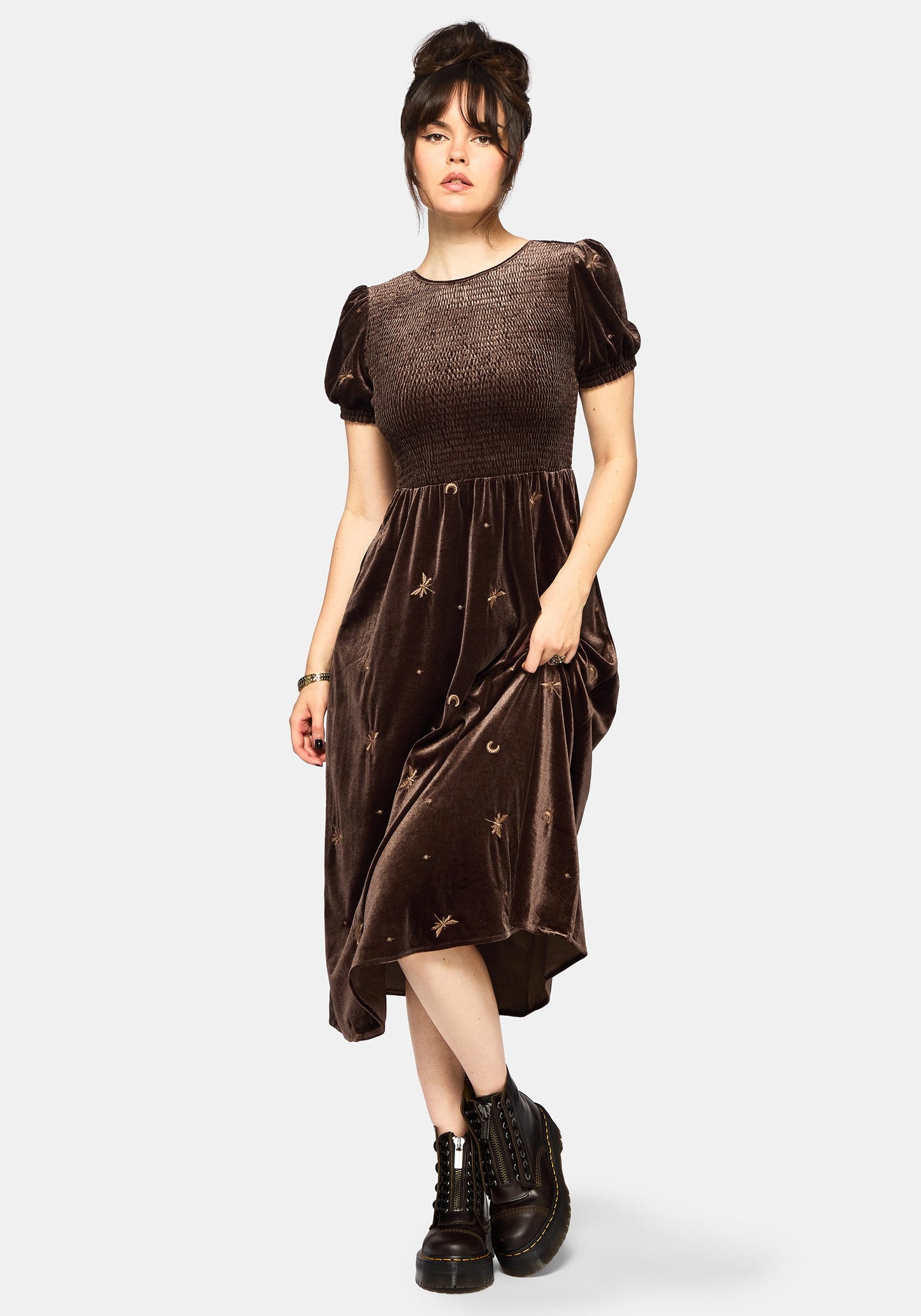 Seraphine Dragonfly Embroidered Velour Smocked Bodice Midi Dress