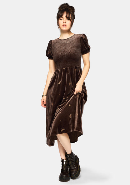 Seraphine Dragonfly Embroidered Velour Smocked Bodice Midi Dress
