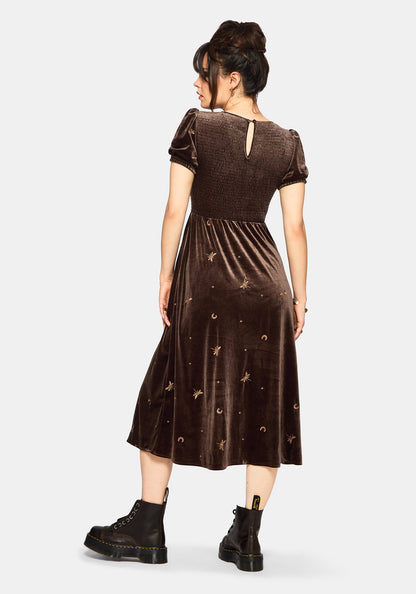 Seraphine Dragonfly Embroidered Velour Smocked Bodice Midi Dress