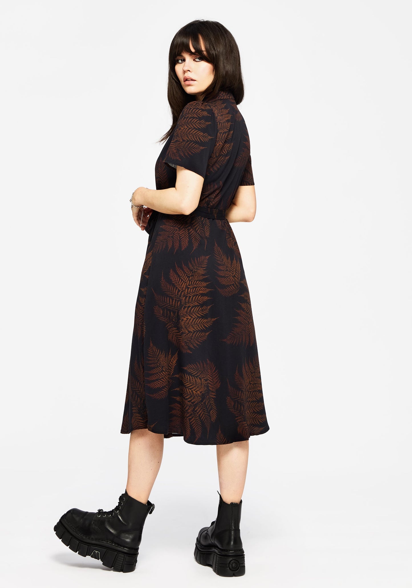 Ruin Fern Printed Midi Shirt Dress - Brown