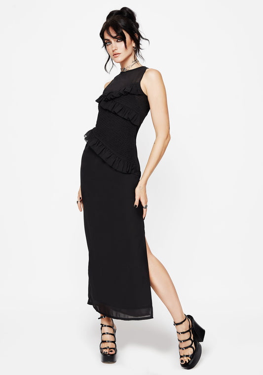 Reflections Black Frill Detail Sleeveless Maxi Dress