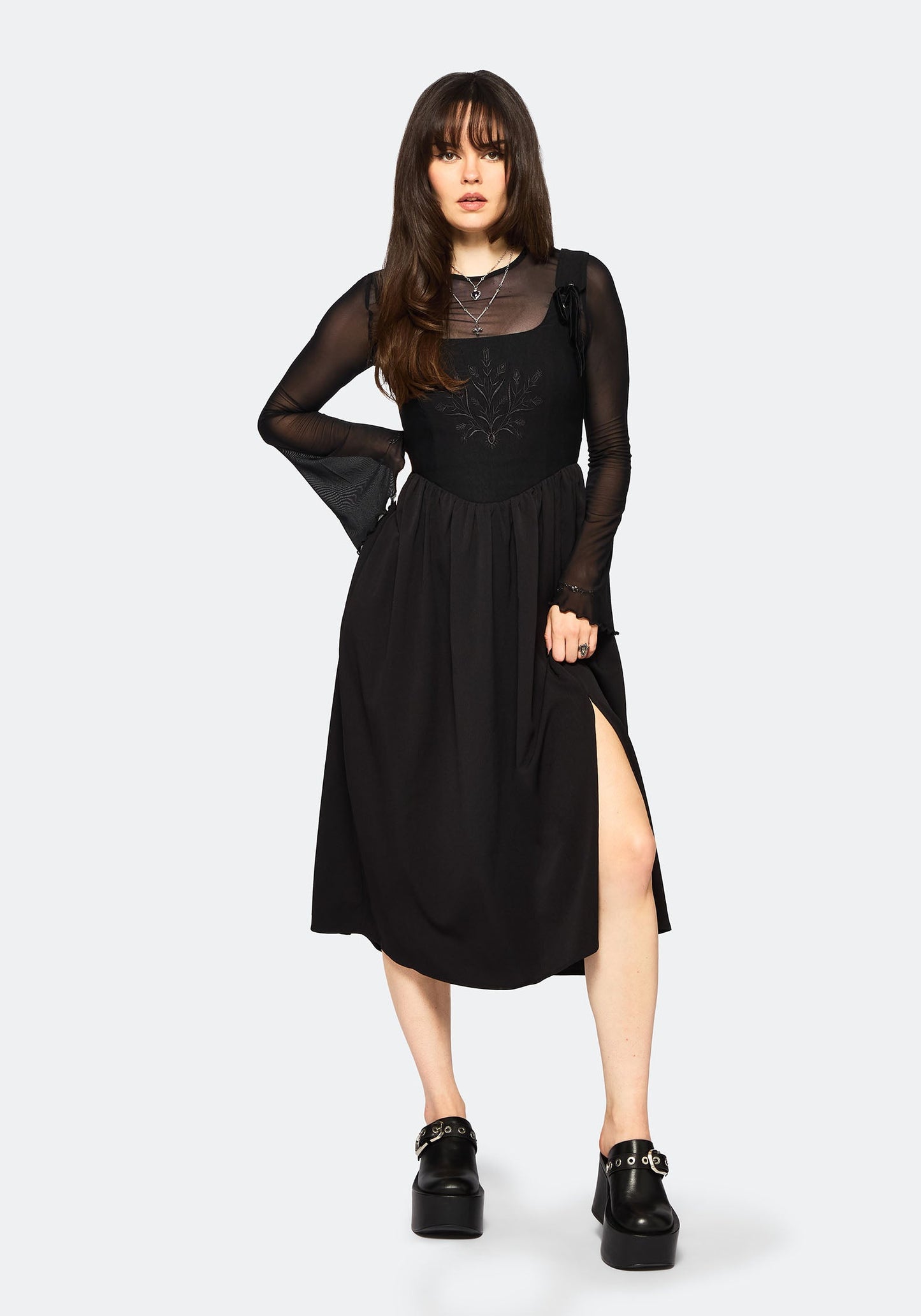 Cybele Embroidered Front Corset Bodice Midi Dress