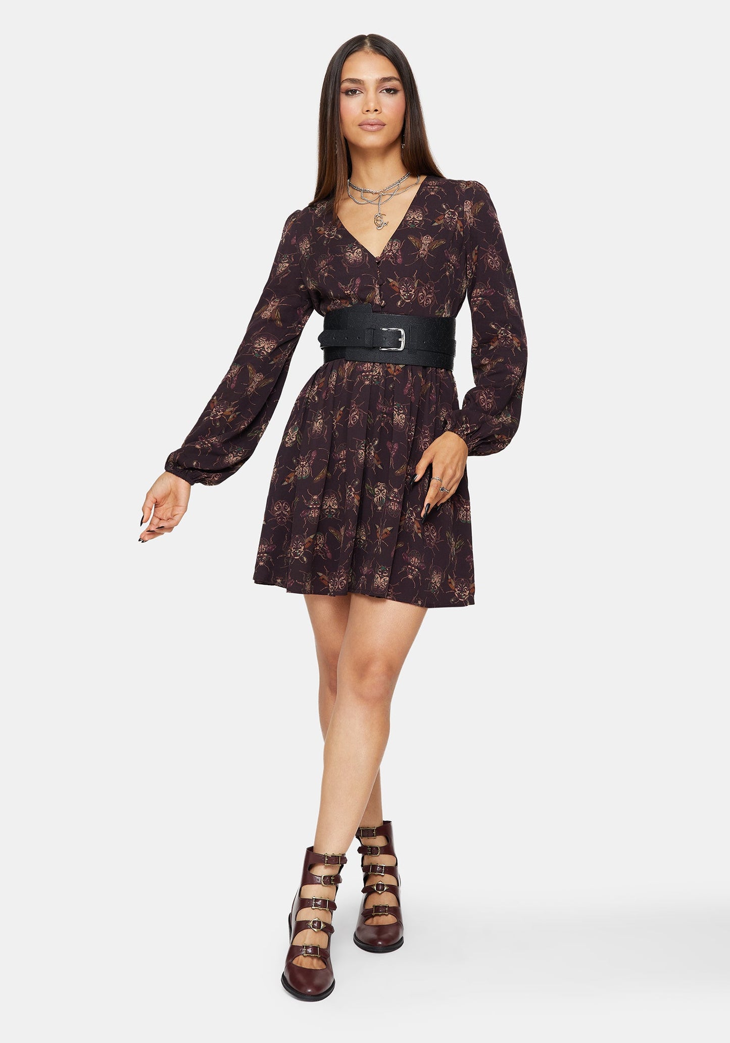 Scorn Bug Printed Long Sleeve Mini Dress