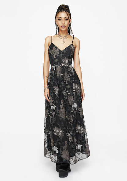 Estrid Embroidered Mesh Midaxi Cami Dress - Silver